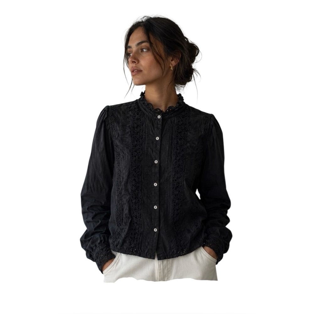Jennifer & Grace Victorian Witchy Gothic Black Lace High Neck Button Blouse
